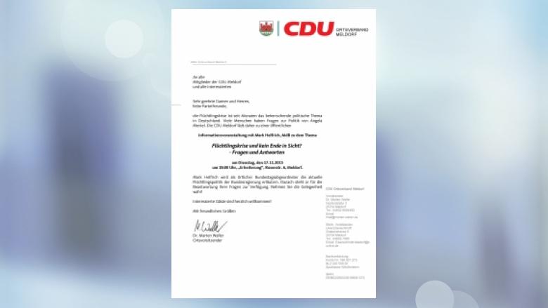 "Flüchtlingskrise und kein Ende in Sicht?" Informationsveranstaltung vom OV Meldorf mit Mark Helfrich, MdB "Flüchtlingskrise und kein Ende in Sicht?" Informationsveranstaltung vom OV Meldorf mit Mark Helfrich, MdB